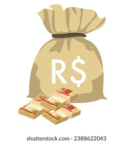 Brazilian Real Vector Illustration. Brazil money set bundle banknotes. Money bag 20 BRL. Flat style. Isolated on white background. Simple minimal design.