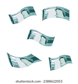 Brazilian Real Vector Illustration. Brazil money set bundle banknotes. Falling, flying money 100 BRL. Flat style. Isolated on white background. Simple minimal design.