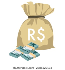 Brazilian Real Vector Illustration. Brazil money set bundle banknotes. Money bag 100 BRL. Flat style. Isolated on white background. Simple minimal design.