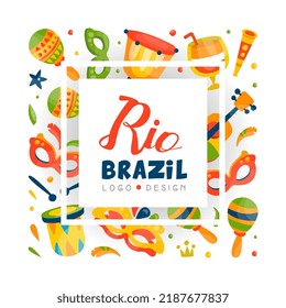 Brazilian Rio Carnival Design with Drum and Masquerade Mask Vector Template