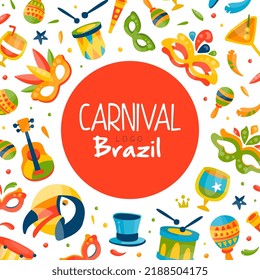 Brazilian Rio Carnival Design with Drum and Masquerade Mask Vector Template