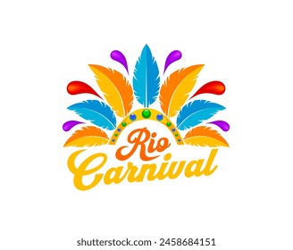 Icono de la fiesta del carnaval brasileño de Río, evento de Vector. Brillantes plumas coloridas y joyas tocado de la música de Brasil y la danza latina símbolo de traje de carnaval para fiesta y fiesta callejera