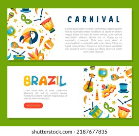 Brazilian Rio Carnival Web Design with Drum and Masquerade Mask Vector Template