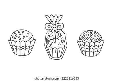 Brazilian round chocolate candy doodle collection. Black and white hand drawn sweets in package. Brigadeiro isolated vector illustration. Chocolate desserts outline on white background