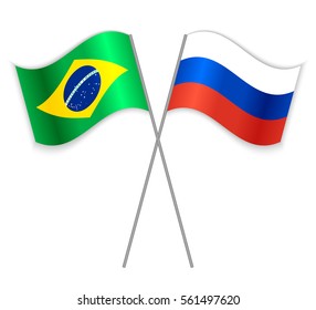 Brazilian and Russian crossed flags. Brazil combined with Russia isolated on white. Language learning, international business or travel concept.