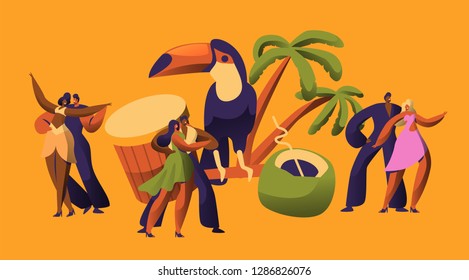 Brazilian Samba Carnival Dancer Latino Character. Bikini Woman Dance Tropical Cuban Salsa. Latin Man in Retro Costume have Fun at Happy Beach Cabaret Parade Flat Cartoon Vector Illustration