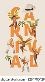 Brazilian Samba Carnival Latino Character Poster. Feather Bikini Woman Dance Tropical Salsa. Man in Retro Costume Play Guitar for Bright Cabare Festival Banner Design Flat Cartoon Vector Illustration