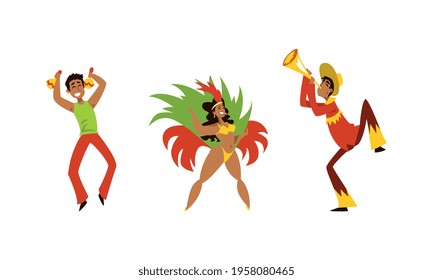 Brazilian Samba Dancer in Bright Feathered Costume and Musician Playing Maraca and Trumpet Vector Set