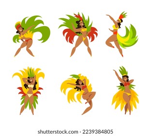 Brazilian Samba Dancer in Bright Feathered Costume Vector Set. Carnival in Rio de Janeiro with Female Wearing Festival Outfit Concept