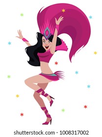 Bailarina de samba brasileña. Niñas del Carnaval de Río de Janeiro usando disfraces del festival están bailando. Ilustración vectorial.