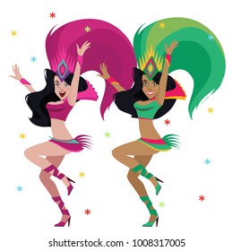 Brazilian samba dancer. Carnival in Rio de Janeiro girls wearing a festival costume is dancing. Vector illustration. 	