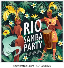 Bailarina de samba brasileña. Niñas y hombres del Carnaval de Río de Janeiro que usan disfraz de festival están bailando. Ilustración vectorial.