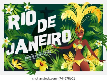 Brazilian samba dancer. Carnival in Rio de Janeiro girls wearing a festival costume is dancing. Vector illustration. 