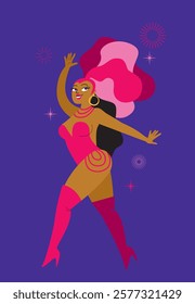 Brazilian samba dancer. Carnival showgirl dancing wearing colorful feather costume. Flat vector character
