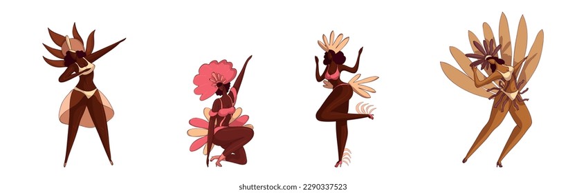 Brazilian Samba Dancer in Feathered Costume Vector Set