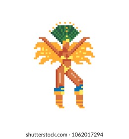 Brazilian samba dancer pixel art character carnival girl wearing a festival costume is dancing. Isolated vector illustration. Game assets 8-bit sprite. Design for stickers, logo and mobile app.