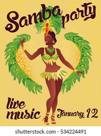 Brazilian samba dancer vector. A beautiful carnival girl wearing a festival costume is dancing. 