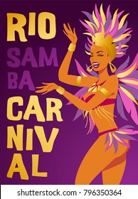Brazilian samba dancer. Vector carnival in Rio de Janeiro girl a festival costume is dancing. Poster.