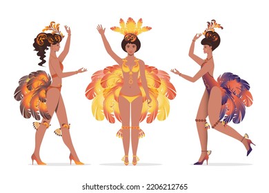 Brazilian Samba Dancers Dancing At The Carnival. Modern Ballroom And Ethnic Dances. Dancers On The Move, In The Studio, On Stage Or In The Dance Hall. Vector Illustration..