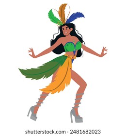 Brazilian samba illustration. Carnival in Rio de Janeiro dancer wearing a festival costume and dancing. Vector illustration.