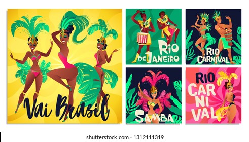 Brazilian samba posters. Carnival in Rio de Janeiro dancers wearing a festival costume is dancing. Vector illustration. 