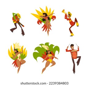 Brazilian Samba Woman Dancer in Bright Feathered Costume and Man Musician Vector Set