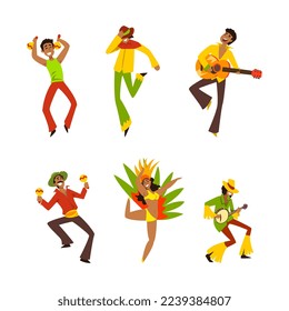 Brazilian Samba Woman Dancer in Bright Feathered Costume and Man Musician Vector Set