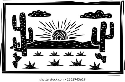 Brazilian sertão scenery, cactus and blazing sun in woodcut style with separate elements.