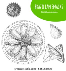Brazilian snacks top view vector illustration. Brazilian cuisine. Linear graphic.