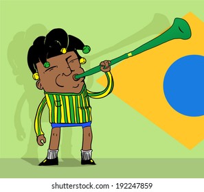 Brazilian soccer fan blowing a vuvuzela horn with a jester hat in front of a flag