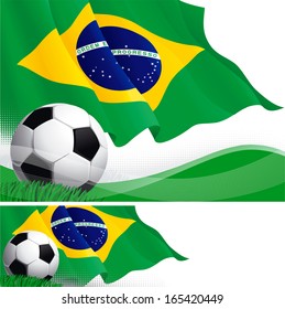 Brazilian soccer. Vector background and banner of soccer ball and Brazilian flag on green grass. 