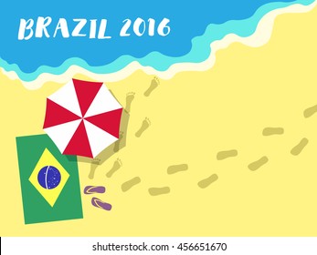 Brazilian Summer Games 2016 background. Postcard Brazilian beach in a flat style. Brazilian Flag and beach umbrella. Vector EPS 10