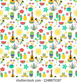 Brazilian Theme Holiday Party background. Brasilian Carnival Wrapping or Gift Paper. Guitar and South American Musical Instruments on white.
