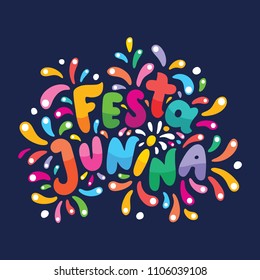 Brazilian Traditional Celebration Festa Junina illustration. Bright cartoon lettering text Festa Junina. Festive Typographic Vector Art with flashes of festive fireworks. Feast logo in a flash frame