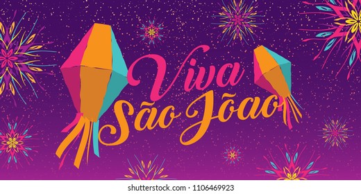 Brazilian Traditional Celebration Festa Junina. Portuguese Brazilian Text saying Hurray Saint John. Festa de Sao Joao. Festive Typographic Vector Art.