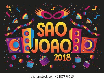 Brazilian Traditional Celebration Festa Junina. Portuguese Brazilian Text saying Saint John. Festa de Sao Joao. Festive Typographic Vector Art with illustration