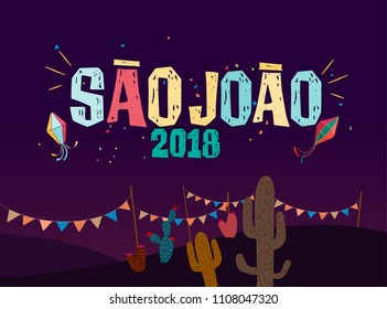 	
Celebración tradicional brasileña Festa Junina. Texto portugués brasileño que dice San Juan. Festa de Sao Joao. Arte vectorial tipográfico festivo.