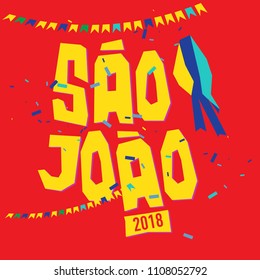 Brazilian Traditional Celebration Festa Junina. Portuguese Brazilian Text saying Saint John. Festa de Sao Joao. Festive Typographic Vector Art.