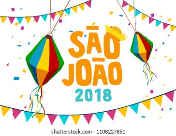 Celebración tradicional brasileña Festa Junina. Texto portugués brasileño que dice Feria. Festa de Sao Joao. Arte vectorial tipográfico festivo.