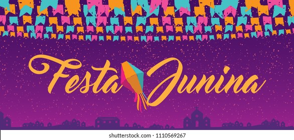 Celebração Tradicional Brasileira Junina. Texto português brasileiro dizendo June Party. Festa de São João. Arte Vector Tipográfica Festiva.