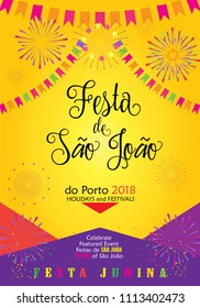 Brazilian Traditional Celebration Festa Junina, de São João. Festival of St John of Porto - Portuguese Brazilian text Carnival masquerade banner. Portugal. Traditional music, dances, firework Rio 2018