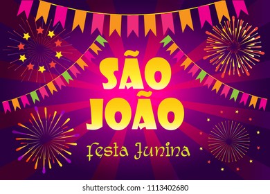 Brazilian Traditional Celebration Festa Junina, de São João. Festival of St John of Porto - Portuguese Brazilian text. Carnival masquerade banner. Portugal. Traditional music, dances, games. Rio 2023