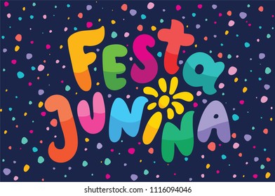 Brazilian Traditional Celebration Festa Junina illustration. Bright cartoon lettering text Festa Junina. Festive Typographic Vector Art with flashes of festive fireworks. Feast logo in a flash frame