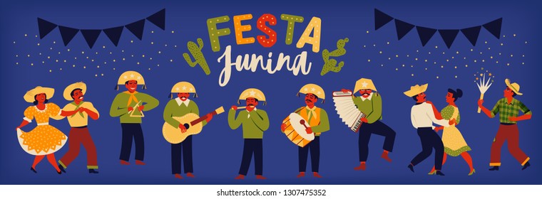 Brazilian Traditional Celebration Festa Junina. Portuguese Brazilian Text saying Fair. Festa de Sao Joao. Festive Typographic Vector Art. 