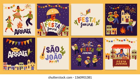 Brazilian Traditional Celebration Festa Junina. Portuguese Brazilian Text saying Friend's Village. Festa de Sao Joao. Arraia Portuguese Brazilian Text saying Fair. Festive Typographic Vector Art. 