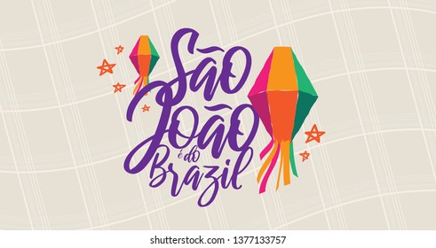 Brazilian Traditional Celebration Festa Junina.  Portuguese Brazilian Text saying Sao Joao is From Brazil. Festa de Sao Joao. Festive Typographic Vector Art. Colorful composition.