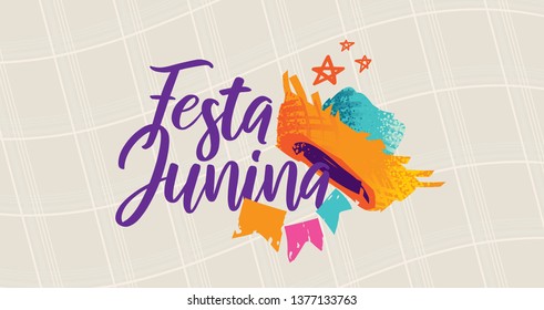 Brazilian Traditional Celebration Festa Junina.  Portuguese Brazilian Text saying Festa Junina. Festa de Sao Joao. Festive Typographic Vector Art. Colorful composition.