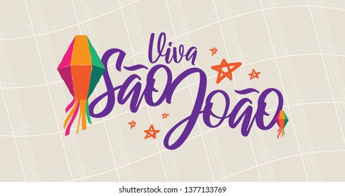 Brazilian Traditional Celebration Festa Junina.  Portuguese Brazilian Text saying Hooray Sao Joao. Festa de Sao Joao. Festive Typographic Vector Art. Colorful composition.