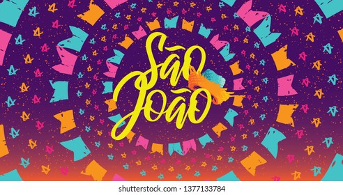 Celebração Tradicional Brasileira Junina. Texto português brasileiro dizendo São João. Festa de São João. Arte Vector Tipográfica Festiva. Composição colorida.