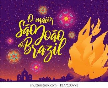 Brazilian Traditional Celebration Festa Junina.  Portuguese Brazilian Text saying The Biggest Sao Joao of Brazil. Festa de Sao Joao. Festive Typographic Vector Art. Colorful composition.